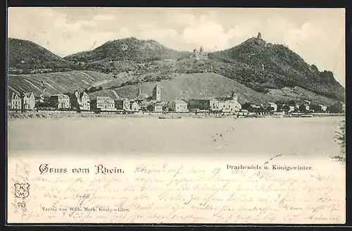 AK Königswinter, Gruss vom Rhein, Ortsansicht mit Drachenfels