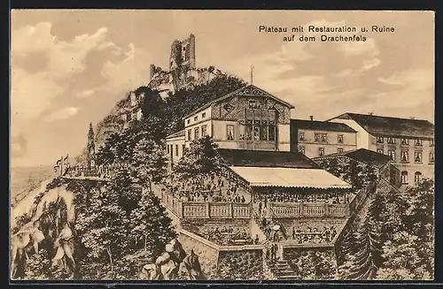 AK Königswinter, Plateau mit Restauration und Ruine auf dem Drachenfels