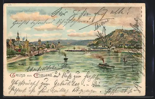 Lithographie Coblenz, Totalansicht mit Dampfern