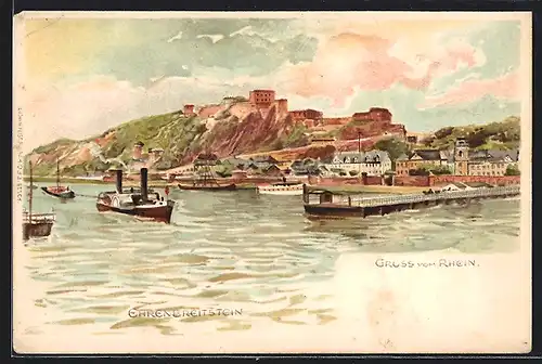 Lithographie Ehrenbreitstein, Ortsansicht, Dampfer auf dem Rhein