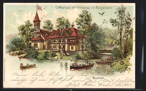 Lithographie Bremen, Caffeehaus am Emmasee im Bürgerpark, Neujahrsgruss