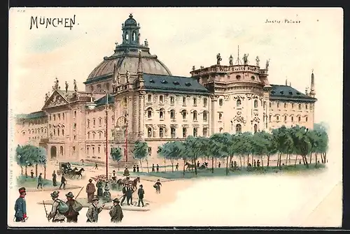 Lithographie München, Justizpalast mit Strasse und Passanten