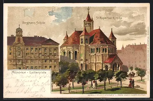Lithographie München, Gallierplatz mit Bergmann-Schule und St. Rupertus-Kirche
