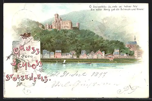 Lithographie Koblenz, Gesamtansicht mit Burg Stolzenfels