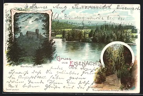 Lithographie Eisenach, Wilhelmsthal, Wartburg, Drachenschlucht