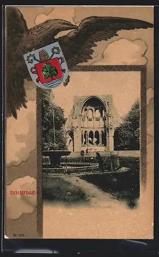 AK Heisterbach, Ruine mit Brunnen, Adler mit Wappen, Passepartout