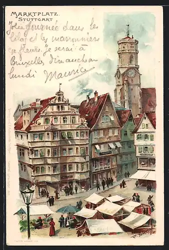 Künstler-AK Stuttgart, Leute an den Ständen auf dem Marktplatz