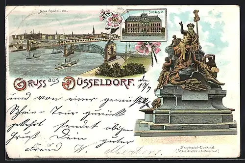 Lithographie Düsseldorf, Ständehaus, Provinzial-Denkmal, Neue Reheinbrücke