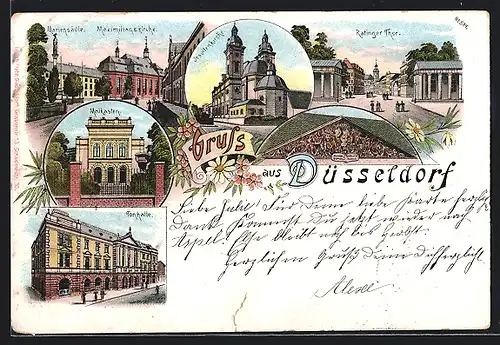 Lithographie Düsseldorf, Malkasten, Tonhalle, Mariensäule und Maximilianskirche