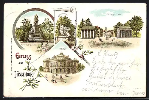 Lithographie Düsseldorf, Raringer Thor, Cornelius-Denkmal, Kriegerdenkmal, Theater