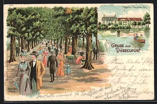 Lithographie Düsseldorf, Hofgarten, Der grosse Teich, Seufzer-Allee