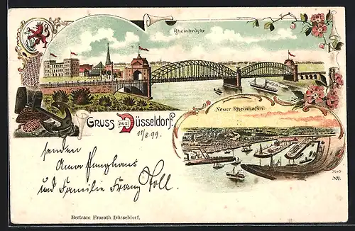 Lithographie Düsseldorf, Rheinbrücke, Neuer Rheinhafen