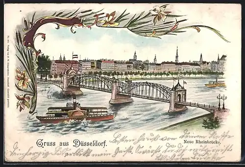 Lithographie Düsseldorf, Dampfer an der neuen Rheinbrücke