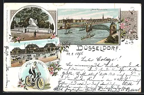 Lithographie Düsseldorf, Krieger Denkmal, Neue Rheinbrücke, Bahnhof