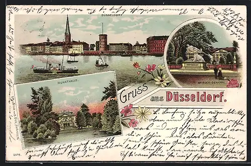 Lithographie Düsseldorf, Krieger-Denkmal, Kunsthalle, Stadtansicht vom Rhein aus