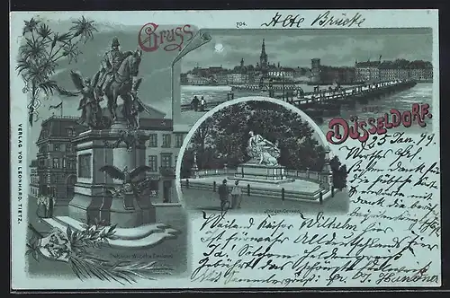 Mondschein-Lithographie Düsseldorf, Kaiser Wilhelm-Denkmal, Krieger-Denkmal
