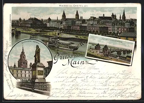 Lithographie Mainz, Teilansicht von Castel gesehen, Neue Rheinbrücke, Gutenberg Denkmal