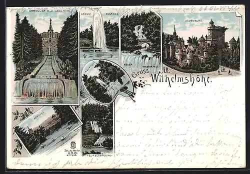 Lithographie Kassel-Wilhelmshöhe, Teufelsbrücke, Löwenburg, Schloss