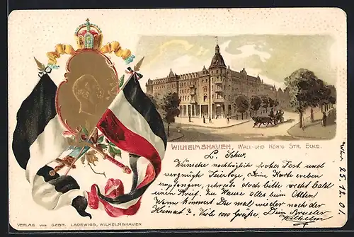 Passepartout-Lithographie Wilhelmshaven, Wall- und König Str. Ecke, Wappen mit Mann im Profil und Flaggen