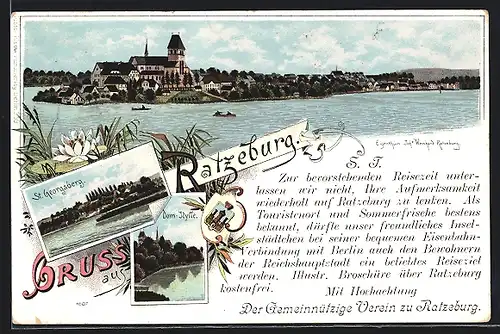 Lithographie Ratzeburg, Blick auf St. Georgsberg, Dom-Idylle, Ortsansicht vom Wasser her