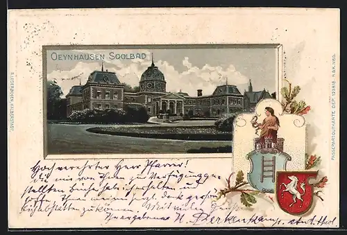 Passepartout-Lithographie Bad Oeynhausen, Soolbad und Wappen der Ortschaft