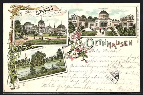 Lithographie Bad Oeynhausen, Soolbad, Termalbad, Goldfischteich