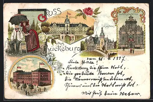 Lithographie Bückeburg, Fürstl. Residenz-Schloss, Neues Palais, Lutherische Kirche, Kaserne