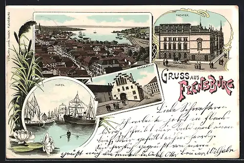 Lithographie Flensburg, Theater, Hafen, Nordertor