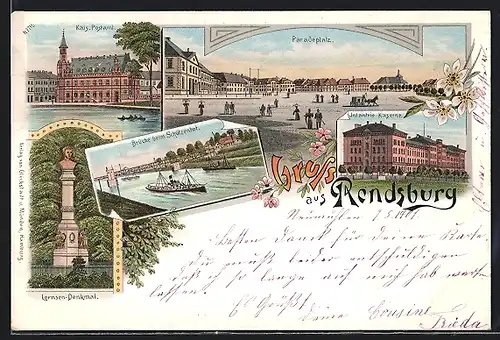 Lithographie Rendsburg, Infanterie Kaserne, Paradeplatz, Brücke beim Schützenhof