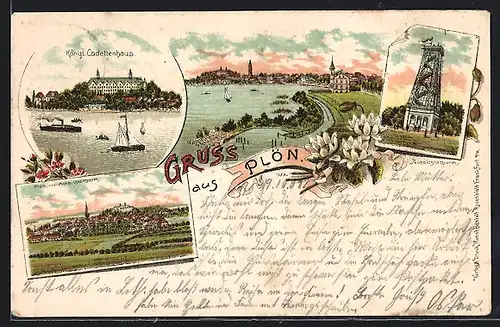 Lithographie Plön, Kgl. Cadettenhaus m. Schiffen, Partie am Aussichtsturm