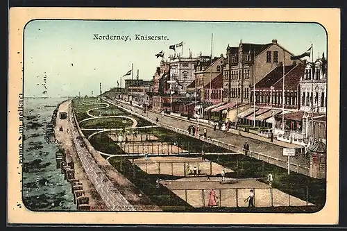 Lithographie Norderney, Kaiserstrasse mit Tennisplätzen