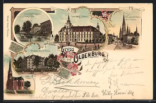 Lithographie Oldenburg / Gr., Grosshzgl. Schloss, St. Lamberti Kirche und Casinoplatz, Augusteum