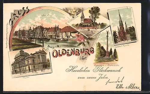 Lithographie Oldenburg i. Gr. theater, Am Stau, Siegessäule a. d. Friedensplatz