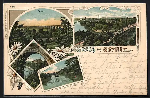 Lithographie Görlitz, Viaduct, Neisse-Ansicht mit Laufsteg, Totalansicht