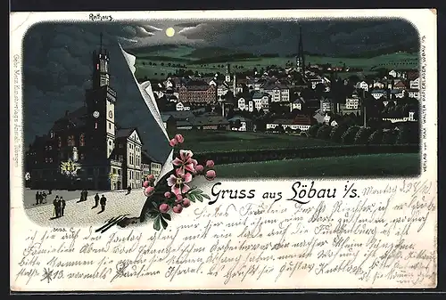 Lithographie Löbau i /S., Teilansicht mit Kirche, Rathaus