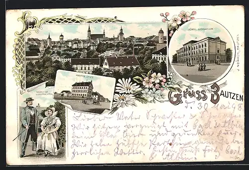 Lithographie Bautzen, Königl. Gymnasium, Martha Stift, wendische Volkstrachten