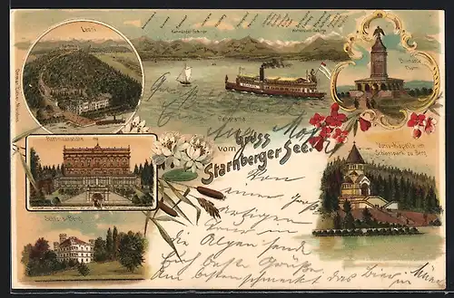 Lithographie Leoni, Votiv Kapelle im Schlosspark, Rottmannshöhe, Ortsansicht, Dampfer