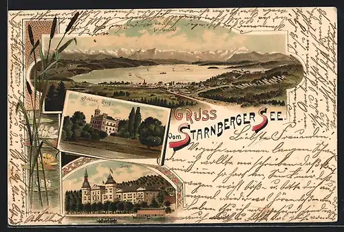 Lithographie Starnberg, Starnberger See, Schloss Berg, Leoni