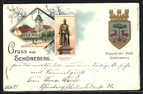 Lithographie Berlin-Schöneberg, Alte Kirche & Pfarrhaus, Denkmal Kaiser Wilhelm I., Stadtwappen