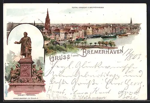 Lithographie Bremerhaven, Smidt-Denkmal und Total-Ansicht am Wasser