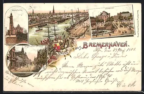 Lithographie Bremerhaven, Geestebrücke, Leuchtthurm, Bürgermeister Smidtstrasse