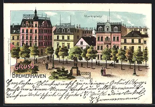 Lithographie Bremerhaven, Partie am Marktplatz mit Denkmal