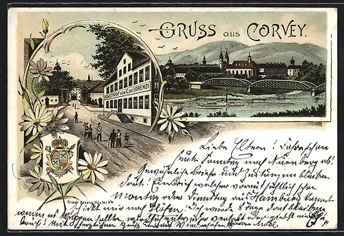 Lithographie Corvey, Gasthof von C. de Lorenzi, Raddampfer an Flussbrücke