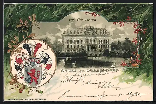 Passepartout-Lithographie Düsseldorf, Ständehaus mit Teich, Wappen