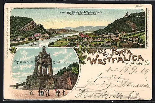 Lithographie Porta Westfalica, Gesamtblick & Kaiser Wilhelm Denkmal
