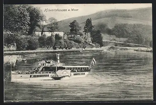 AK Hilwartshausen a. Weser, Flusspartie mit Dampfer Graf Moltke