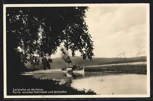 AK Carlshafen an der Weser, Flusspartie mit Dampfer