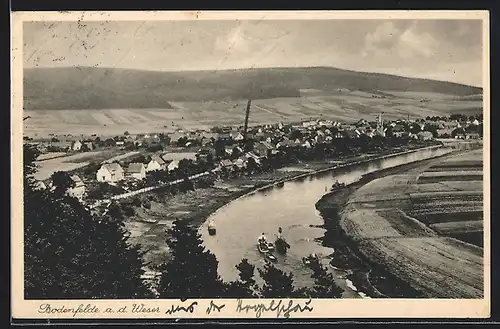 AK Bodenfelde a. d. Weser, Ortsansicht mit Dampfern aus der Vogelschau