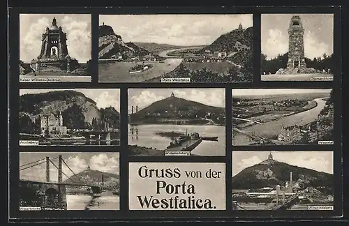 AK Porta Westfalica, Porta, Weser mit Dampfer, Denkmal, Wittekindsberg