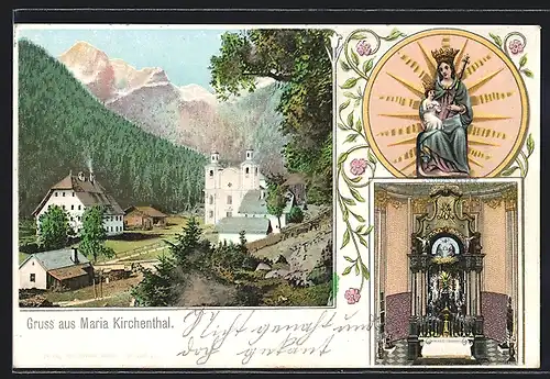 Lithographie Lofer, Maria Kirchenthal, Ortspartie mit Bergen